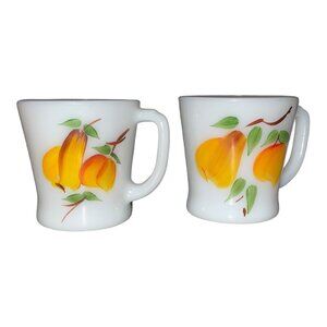 Fire King Milk Glass Mugs With Peach Design Set Of 2 Vintage Collectible